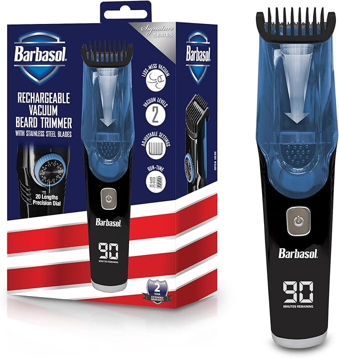 Barbasol Vacuum Beard Trimmer for Men, Self-Vacuuming Hair, Beard, Sideburns & Mustache Trimmer with 20 Length Settings, Rechargeable, LED Screen, 90 Minute Run Time
