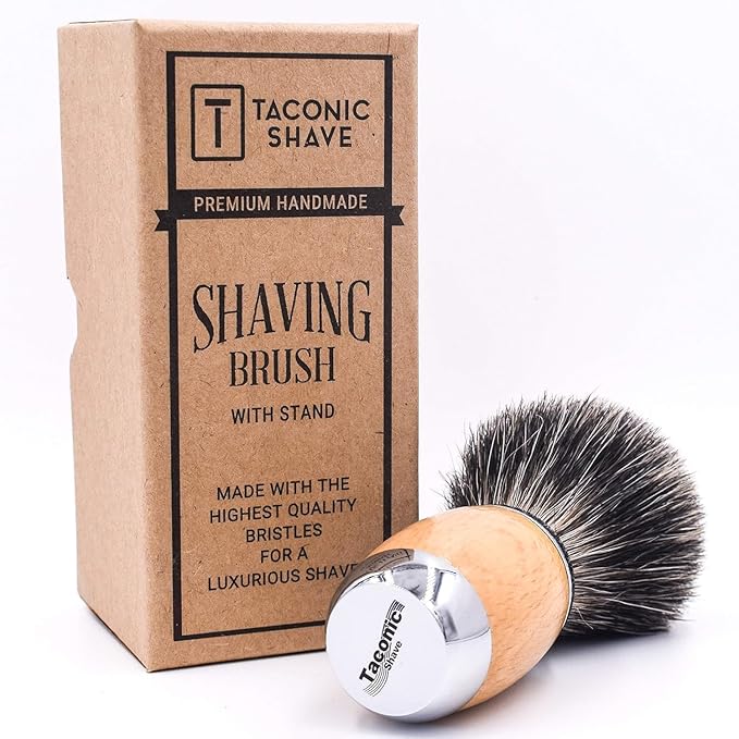 Taconic Shave 100% Mixed Badger Shaving Brush – Extra-Dense 22 mm Knot for Rich Lather, Beechwood & Chrome Ergonomic Handle + Lucite Stand Included