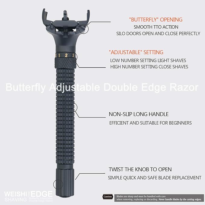 WEISHI Butterfly Open Double Edge Safety Razor Nostalgic Adjustable Matte Black