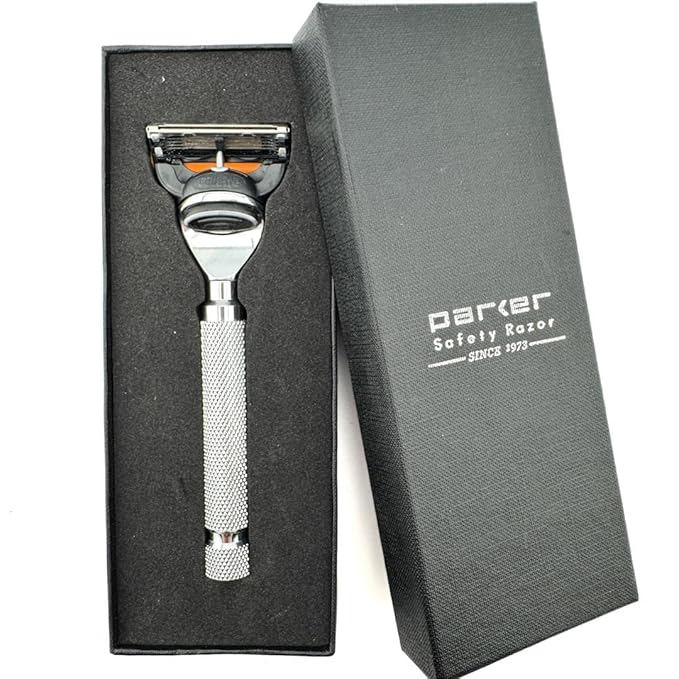 Parker 5-Blade Razor Handle Compatible with Gillette® Fusion® Cartridges – Weighted Metal Handle with Textured Grip for Smooth, Tug-Free Shaving | Luxury Men’s Gift | 1 Cartridge Included (CHROME)
