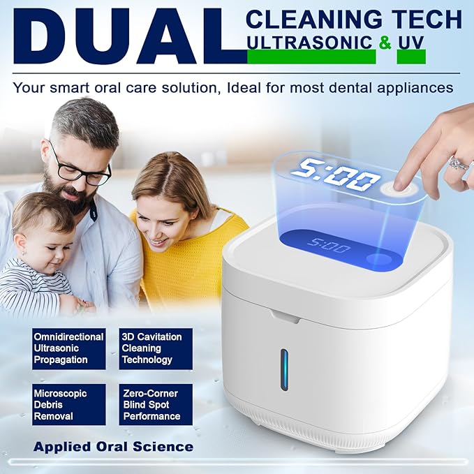 Ultrasonic Retainer Cleaner Machine, Dental Cleaning Pod for Dentures, Mouth Guard, Aligner, Night Guard, Jewelry, Braces, Ultra Sonic Cleaner for All Dental Appliances (White)