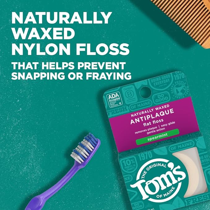 Tom's of Maine Naturally Waxed Antiplaque Flat Dental Floss, Spearmint, 32 Yards 6-Pack (Packaging May Vary)