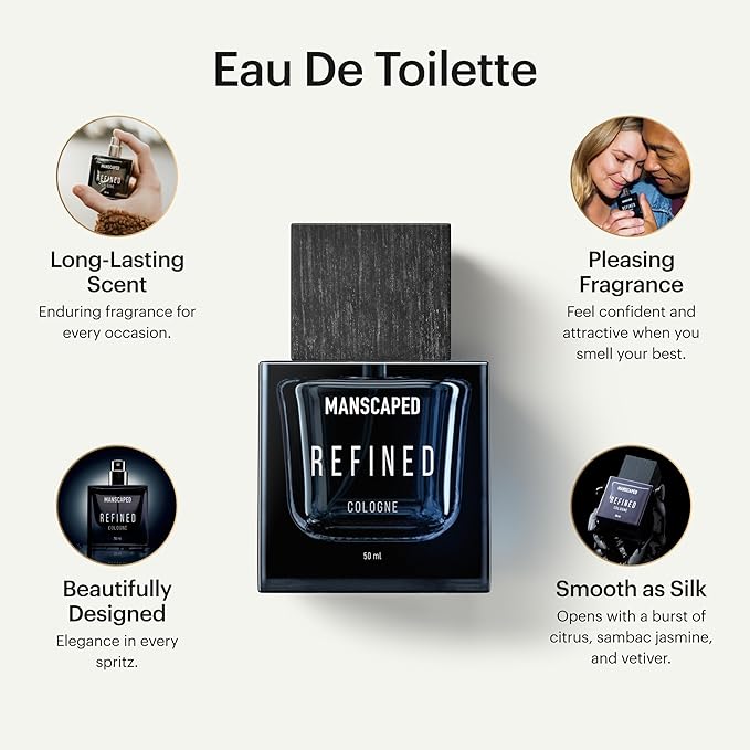 MANSCAPED® Refined® Cologne, Men's Eau de Toilette Body Spray with Burst of Citrus, Sambac Jasmine, Vetiver, Paraben-Free, 50ml