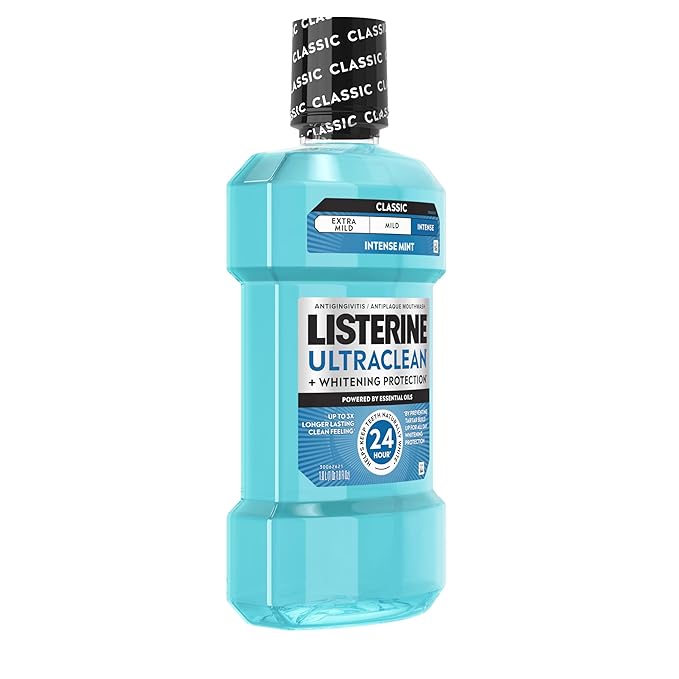 Listerine Ultraclean Intense Antiseptic Mouthwash + Whitening Protection*, Everfresh Technology to Help Fight Bad Breath, Gingivitis, & Plaque, Tartar Control Oral Rinse, Intense Mint, 1L
