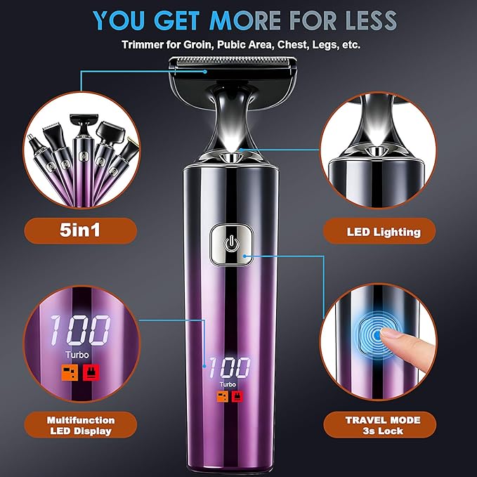 Back Shaver for Men, LED Display, 5 in 1 Mens Back Shaver Rechargeable with Long Handle, Safety Lock, IPX7, Multi-Functional Back Trimmer for Men,(Purple)