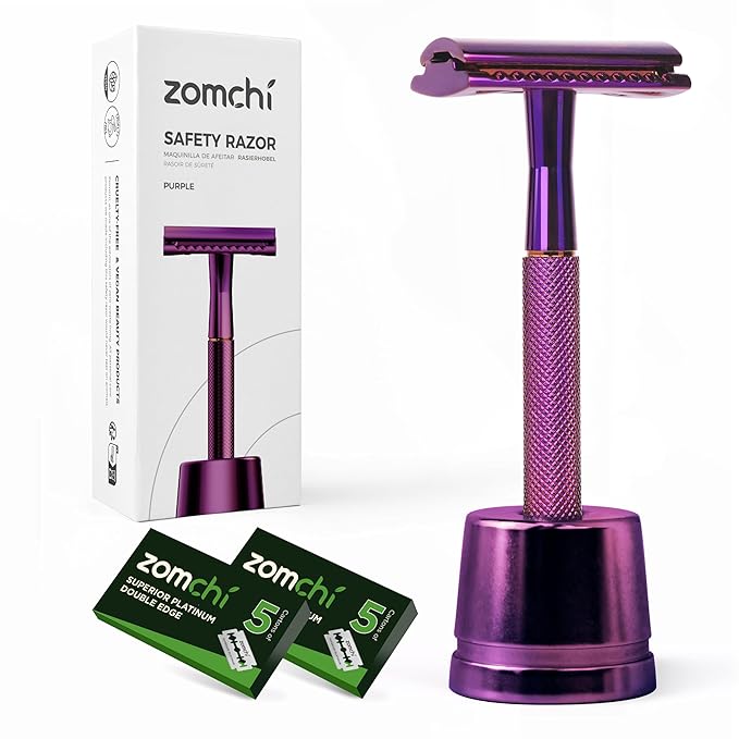 ZOMCHI Double Edge Safety Razor with Stand, Safety Shaving Razor with 10 Double Edge Safety Razor Blades, Eco-Friendly Razor for Shaving – Purple