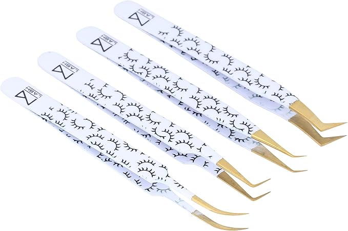 M LASH Tweezers for Eyelash Extensions (Set of 4) - Professional Lash Extension Tweezers - Fiber Tip, Japanese Steel, Diamond Grip Eyelash Extension Tweezer set (WL)