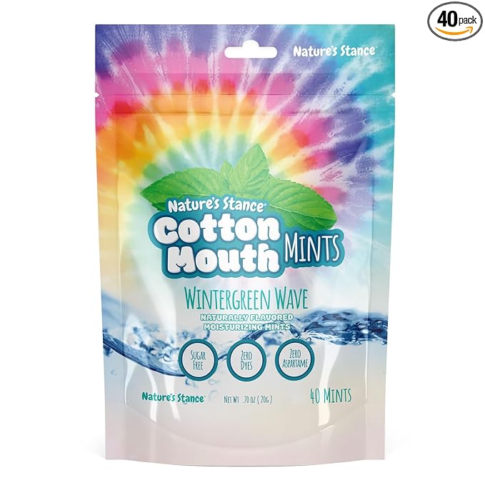 Nature’s Stance Cotton Mouth Xylitol Mints for Dry Mouth Relief - Sugar Free Mints, Stimulate Saliva & Freshen Breath, Throat, Teeth, Gums - Xylitol Lozenges, 40 Count (Wintergreen Wave)