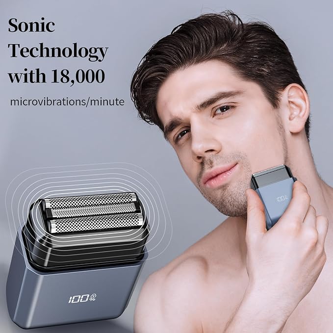 Mini Electric Foil Shaver for Men - Portable Travel Electric Razor for Face, IPX7 Waterproof, USB-C Rechargeable, LED Display, 3 Floating Blades, Wet/Dry for Travel & Home