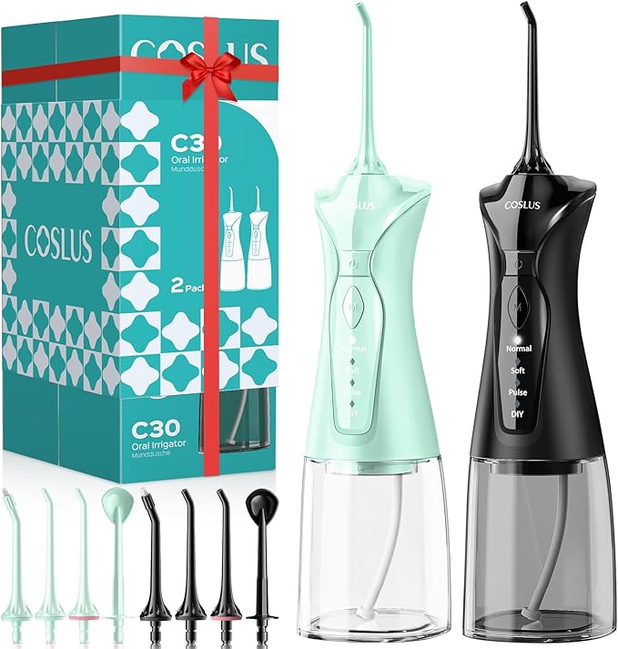 COSLUS 2-Pack C30 Water Flosser for Teeth: Water Dental Pick Set with Refined Packaging for Couples Friends, 3 Modes & 8 DIY Levels for Sensitive Gums & Braces, Ideal for Family Sharing, Black & Green