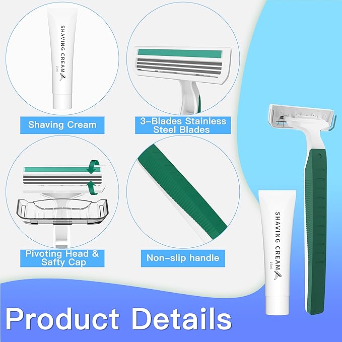 3 Blades Disposable Razors with Cream 50PCS Set for Men & Women, Individually Wrapped Portable Toiletries Amenities for Hotel, Airbnb, Homeless, Shelter, Charity, Camping and Travel On The Go