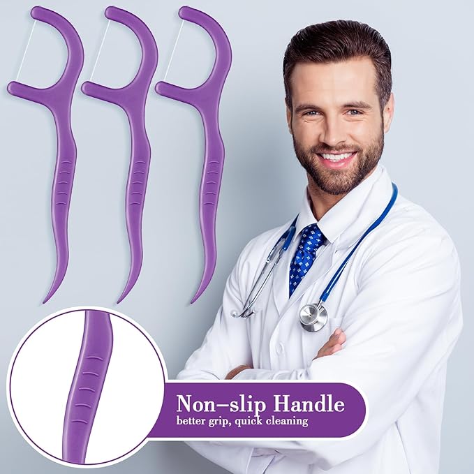 Baderke 200 Count Floss Picks Bulk Non Breakable Tooth Picks Flosser Dental Floss Sticks for Adults Teeth Cleaning Dental Flossers for Family Pack Travel (Dark Purple)