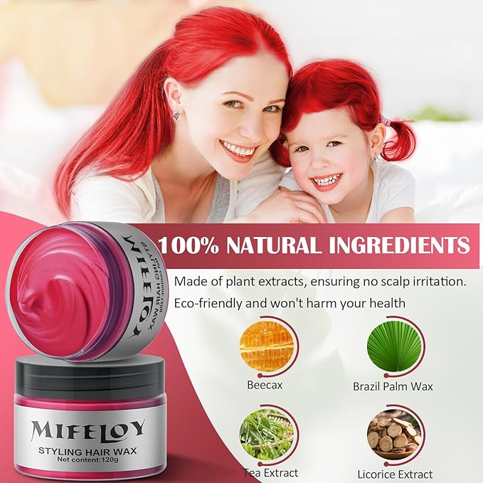 Red Temporary Hair Color Wax, Instant Natural Hairstyle Cream Dye, Washable Styling Pomadesfor Men Girls Women Youth, Disposable Coloring Mud for Party Cosplay DIY Halloween