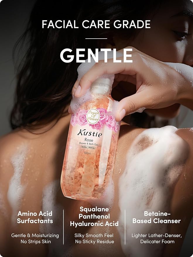 Kustie Rose Petal Body Wash – 450 Real Bulgarian Petals & Essential Oils | Squalane, Hyaluronic & Niacinamide Cleanser | Vegan, Sulfate-Free, Long-Lasting Scent | 16.9 Fl Oz