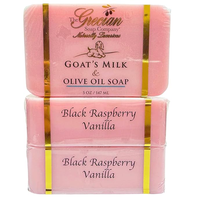 The Grecian Soap Company Goat Milk & Olive Oil Soap Bar 3-Pack – Black Raspberry Vanilla Scent, Natural Bar Soap, Moisturizing & Nourishing Body Soap Bars, Made in USA