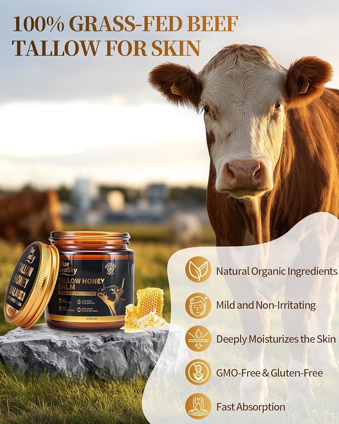 Upgraded Beef Tallow for Skin Handmade Whipped Organic Grass-Fed Tallow and Honey Balm for Eczema & Rosacea,Non-Comedogenic,Beef Tallow Face Moisturizer for Dry, Sensitive Skin(4oz Unscented)