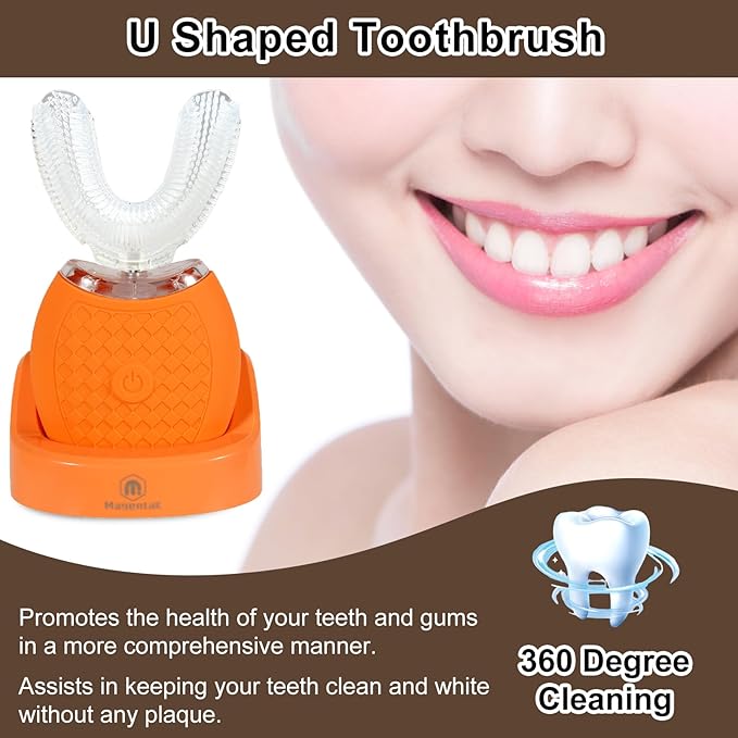 Ultrasonic U-Shaped Toothbrush for Adults, Electric Toothbrush for Teeth Whitening, Automatic 360-degree with Waterproof IPX7,3 Modes for Cleaning(Orange)