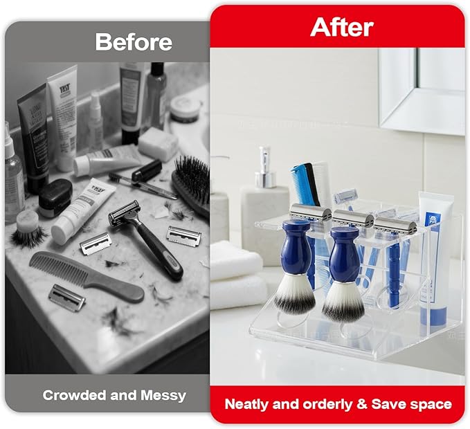 Shaving Brush Stand and Razor Holder, Safety Razor Stand for Men with Smooth Scratch-Resistant Surface - Multi-Function Storage Solution to Prolong Your Brush Life - Fits Most Razors and Brushes
