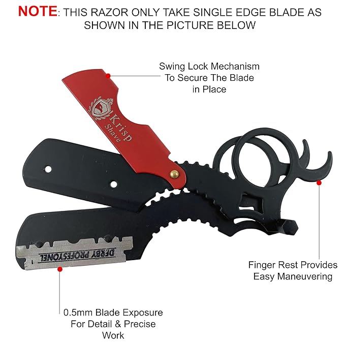 Professional Straight Razors For Men, Barber Razors Straight Edge Razor Kit For Close Shaving - Beard Cut Throat Finger Razor Safety Shavette With 10 Shaving Blades By Krisp Beauty (Black/Red)