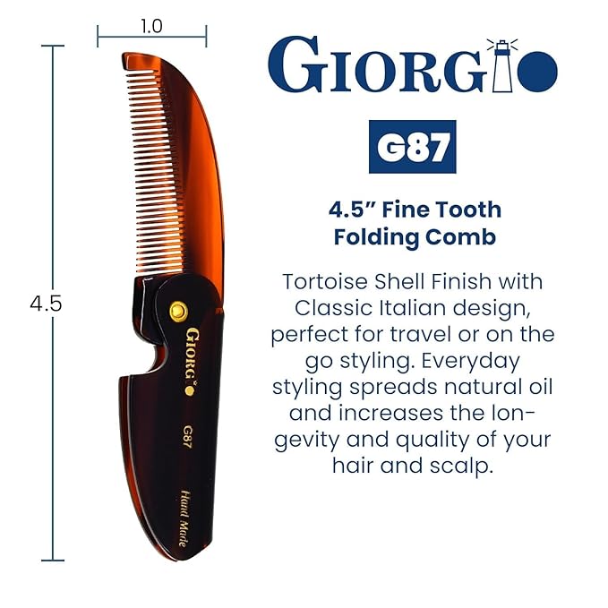 Giorgio G87 Folding Mustache and Beard Comb, Small Pocket Comb for Men,Fine Tooth,Handmade, Saw-cut, Hand Polished,Pocket Styling Combs for Everyday Grooming and All Type of Hair Care (Black Graphite)