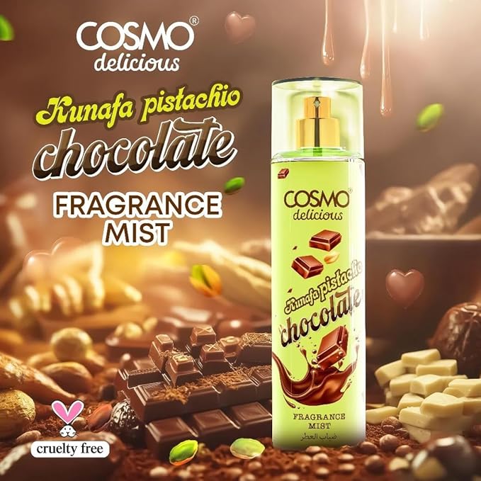 Cosmo Delicious Kunafa Pistachio Chocolate Fragrance Mist 150ml, Kunafa Parfum, Cocoa, Nutty & Sweet Dessert Scent, Gourmet Body Spray, Perfect For Everyday Wear, Long Lasting Perfume For Women & Men