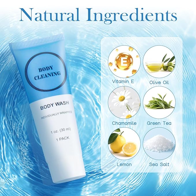 Travel Size Body Wash, Individually Wrapped Bulk 1 oz/30 ml Mini Shower Gel Set Trial Sample Small Single Use Toiletries Amenities Kit for Men & Women for Hotel/Camping/Vacation/Homeless (60 Pack)