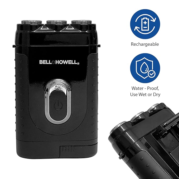 Bell+Howell Tacshaver 3D Rechargeable Rotary Shaver for Men with Pop-up Trimmer for Sideburns, Moustache and Beard, Waterproof, Portable, and Cordless Electric Razor As Seen On TV (Deluxe)