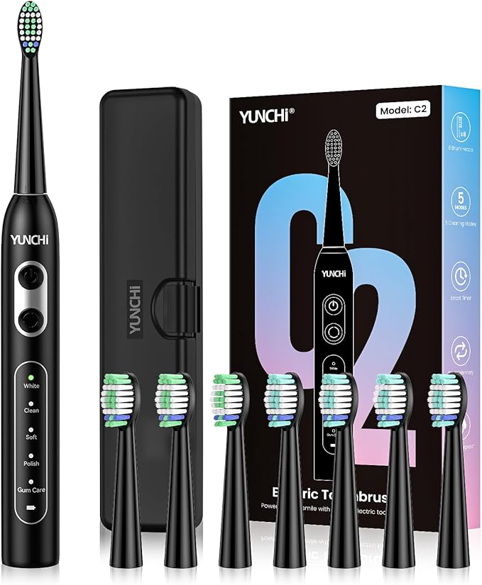 YUNCHI Electric Toothbrush for Adults, Kids Electric Toothbrush,Rechargeable Toothbrushes with 8 Brush Heads, Travel Case, 2 Min Timer, IPX7 Waterproof, 5 Modes, Black
