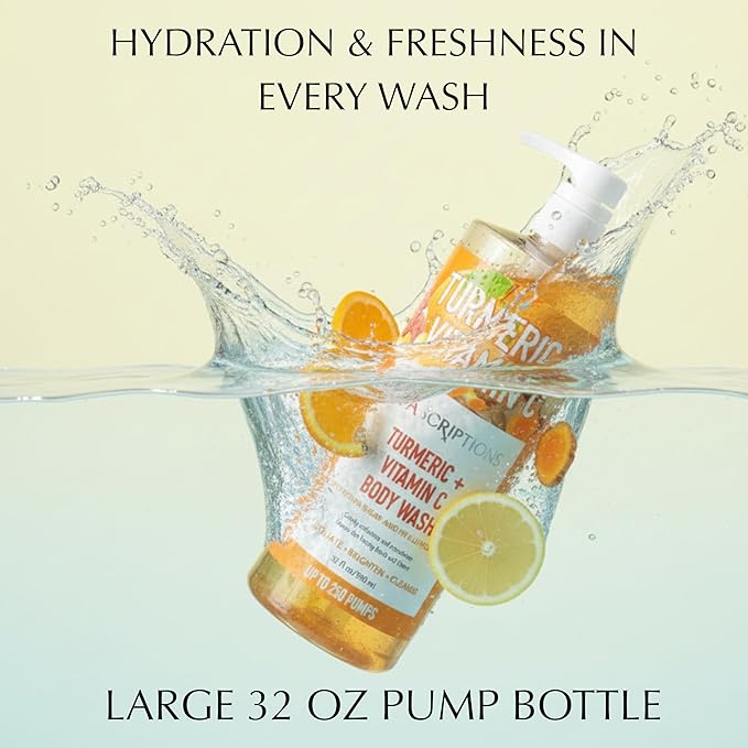 SpaScriptions Turmeric & Vitamin C Body Wash – Brightening Gentle Cleansing Shower Gel Scrub With Hyaluronic Acid for Radiant Glowing Skin & Brown Sugar Exfoliation, Scented, Paraben Free, 32 fl oz