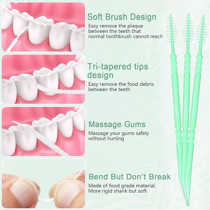 Mint Flavored Toothpicks, Brushpicks Interdental Toothpicks,Soft Bristle Dental Floss Picks Toothpicks,Helps Removes Plaque and Debris Between Your Teeth, Mint, 300PCS (Pack of 1)