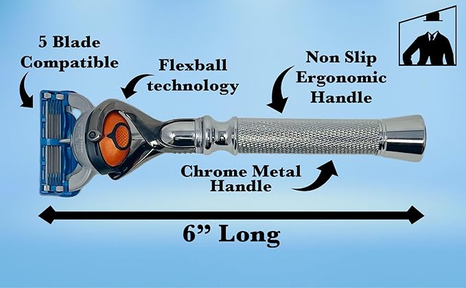 Flex Ball Handle Shaving Razor – All Chrome Long Handle Razor with Flex Pivot Technology & Diamond Knurled Grip for Men’s Precision Shaving