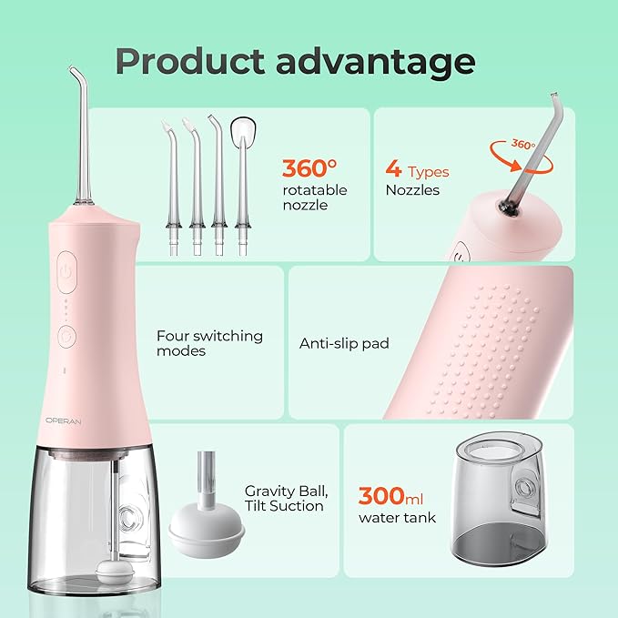 Operan 300ml Cordless Water Dental Flosser, Portable Water Flossers for Teeth, 4 Pulse Modes IPX7 Waterproof Oral Irrigator with 4 Tips, 21 Days Runtime for Travel, Home, Braces, Gum Care, Pink+1Pack