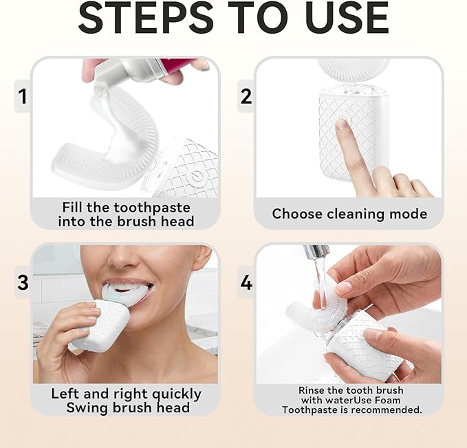Adult Sonic Automatic Electric Toothbrush, 360° Oral Cleaning Stain Whitening, IPX7 Waterproof Rechargeable, u-Shape Brush Head*3+Straight Handle Brush Head*2 (White)