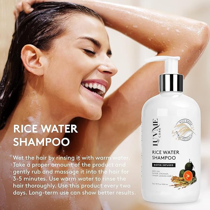 Luv Me Care Rice Water Hair Thickening Shampoo and Conditioner Set - with Biotin Strengthening and Volumizing Formula for Thinning Hair, All Hair Types, Men and Women