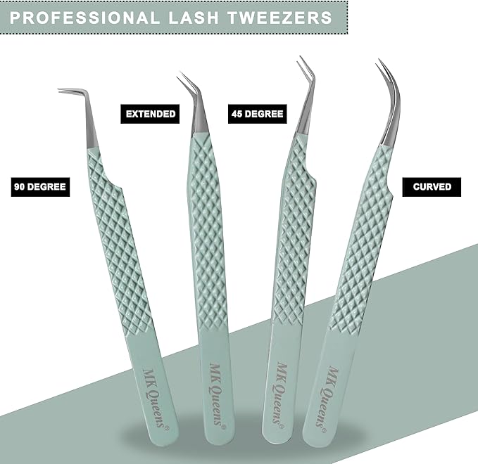 Fiber Tip Lash Tweezers for Eyelash Extensions with Diamond Grip, Set of 4 Precise Tips Japanese Steel for Classic, Volume & Mega Volume Lashes, Ideal Tweezers Set for Lash Artists (4, Light Green)