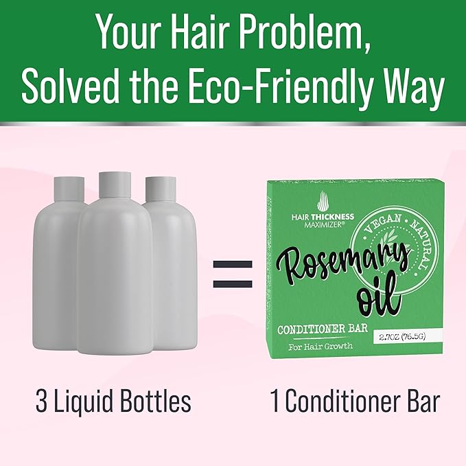 Rosemary Oil for Hair Growth Conditioner Bar. Eco Friendly, Vegan, Color Safe, pH Balanced. Solid Conditioner Bar Equal to 3 Liquid Bottles. Zero Plastic, USA Made, Strengthening & Dry Hair Relief