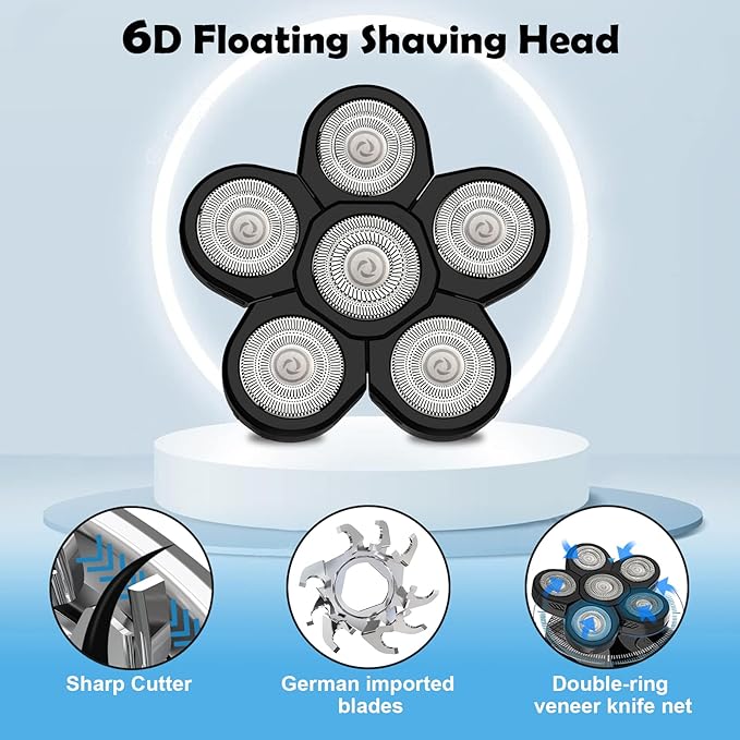 Electric Shaver Replacement Heads 6D - 6 Blades Head Shaver Replacement Heads Universal Stainless Steel Rotary Blade Refills for Bald Head Razor for Men (6 Heads Black)