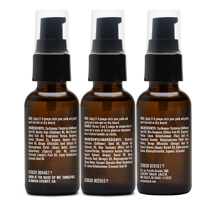 Every Man Jack Beard Oil Gift Set for Men – Full Size 3-pack - Sandalwood, Vanilla + Cedar & Aged Bourbon Scents – Softens Beard + Adds Shine - Naturally Derived w/Shea Butter – 1 fl oz (3 Pack)