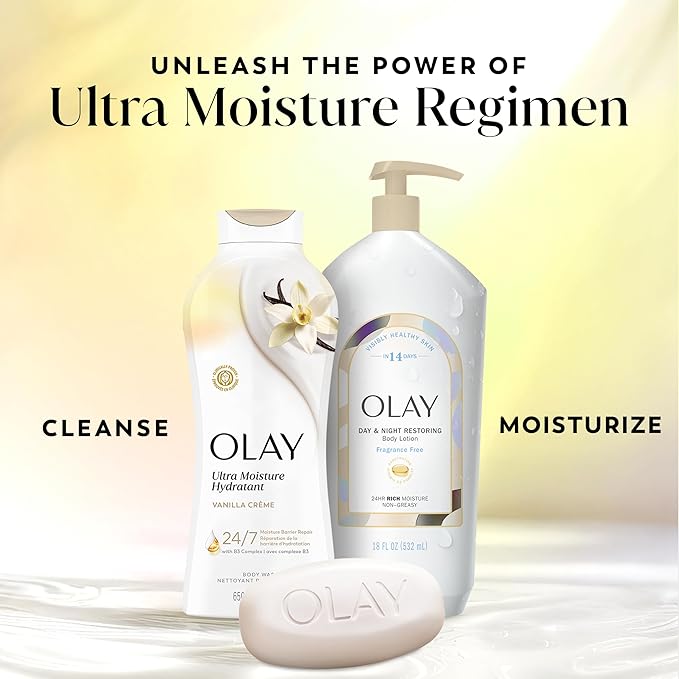 Olay Body Wash for Women, Ultra Moisture, 24/7 Moisture Barrier Repair, Hydrating Formula for Visibly Healthy Soft Skin, Vitamin B3 & Hyaluronic Blend, All Skin Types, Vanilla Creme Scent, 22 fl oz
