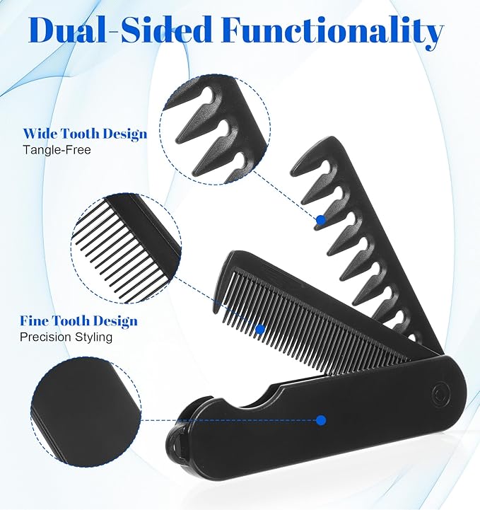 Folding Texture Comb, 2 in 1 Folding Comb Mens Texture Styling Foldable Travel Pocket Combs Fine & Wide Tooth for Hair Moustache Beard, Foldable Pocket Combs for Men Everyday Grooming, Travel Size
