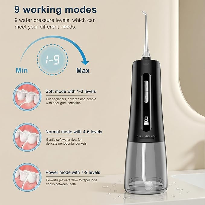 Cordless Water Dental Flosser – Power Dental Flosser for Teeth & Gums, 9 Pressure Levels, 300mL Tank, USB-C Rechargeable Oral Irrigator, IPX7 Waterproof for Braces & Travel – Wellooriya (Black)