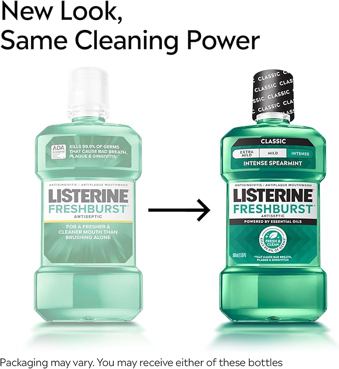 Listerine Freshburst Intense Antiseptic Mouthwash for Bad Breath, Kills 99.9% of Germs that Cause Bad Breath & Fight Plaque & Gingivitis, ADA Accepted Mouthwash, Intense Spearmint, 250 mL