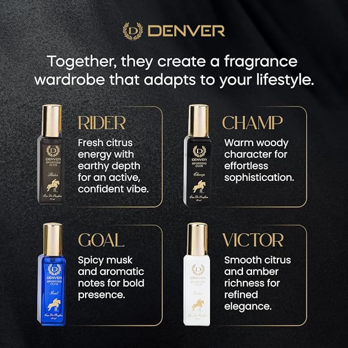 Denver Sporting Club Luxury Gift Set for Men, 4 x 0.68 Fl Oz Eau de Parfum Collection | Goal, Rider, Victor and Champ | Long-Lasting Fragrance and Odor Protection