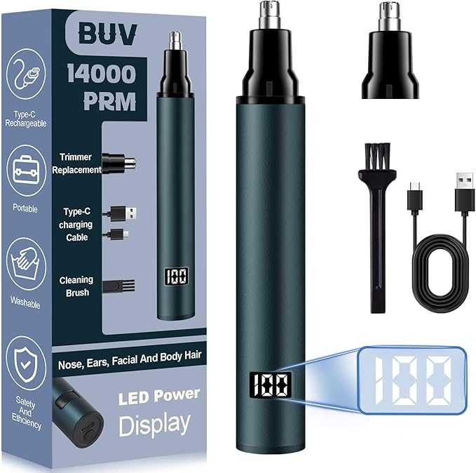 Nose Hair Trimmer with LED Display- 2025 Professional Painless Ear Hair Trimmers for Men and Women, USB Rechargeable Nose Hair Trimmer Clipper – 14,000 RPM IPX7 Waterproof Dual Edge Blades, Blue B