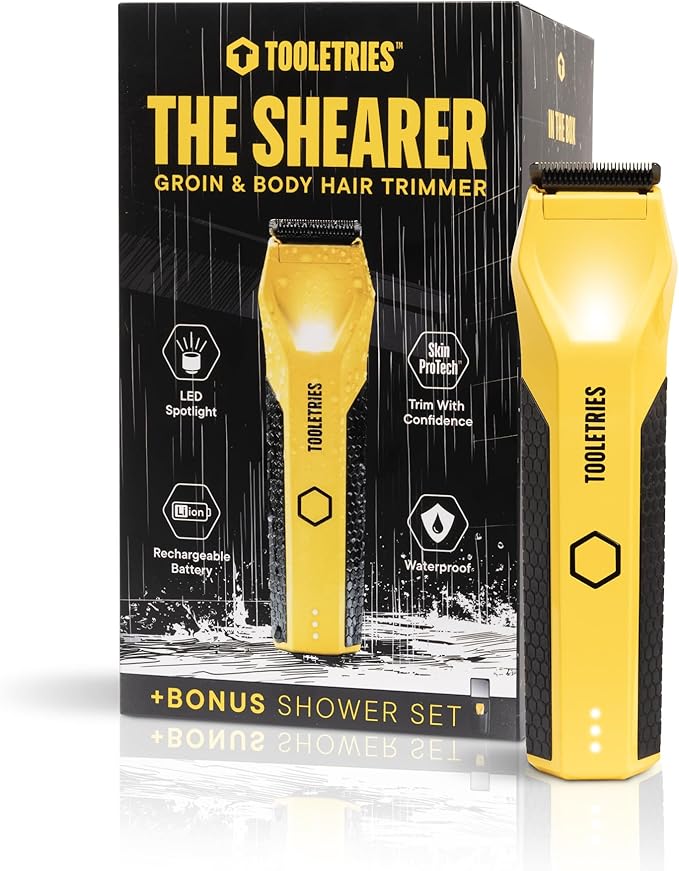 TOOLETRIES The Shearer - Groin & Body Hair Trimmer for Men, Electric Shaver for Pubic Hair, Balls, Groin, Chest, Legs, Waterproof Wet/Dry Clippers, Rechargeable, Bonus Shower Kit - Yellow