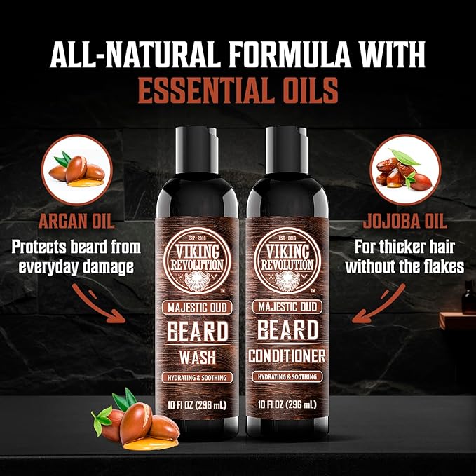 Viking Revolution Beard Wash and Beard Conditioner for Men with Argan Oil and Jojoba Oil - Beard Softener and Strengthener Beard Care Beard Shampoo and Conditioner with Beard Oil (10oz, Majestic Oud)