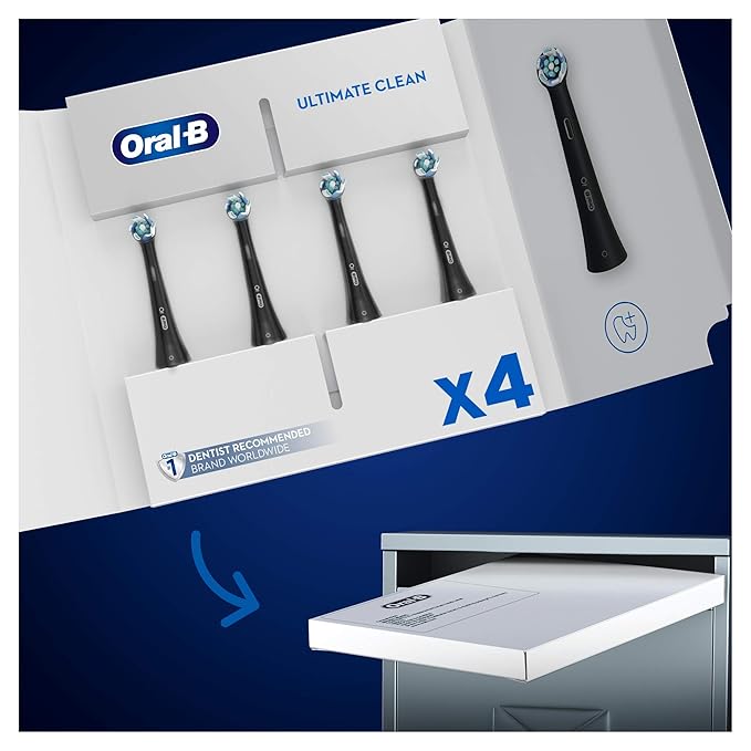 Oral-B iO Ultimate Clean Electric Toothbrush Head, Twisted & Angled Bristles for Deeper Plaque Removal, Pack of 4, Suitable for Mailbox, Black