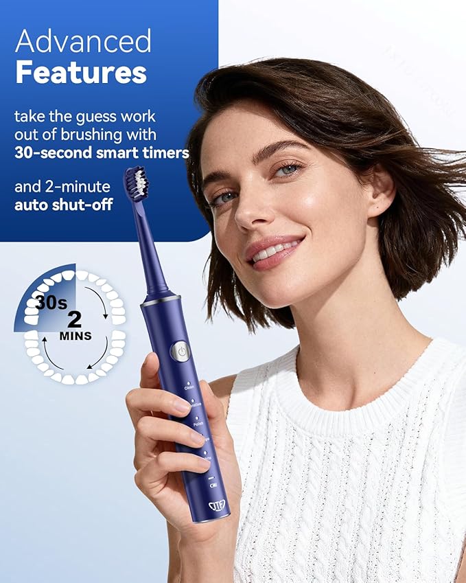 JTF Sonic Electric Toothbrush for Adults & Kids: 5 Modes for Sensitive Teeth, Effective Yet Gentle Cleaning - with 8 Brush Heads & Smart Timer, Rechargeable Portable for Daily Care, Home & Travel Use