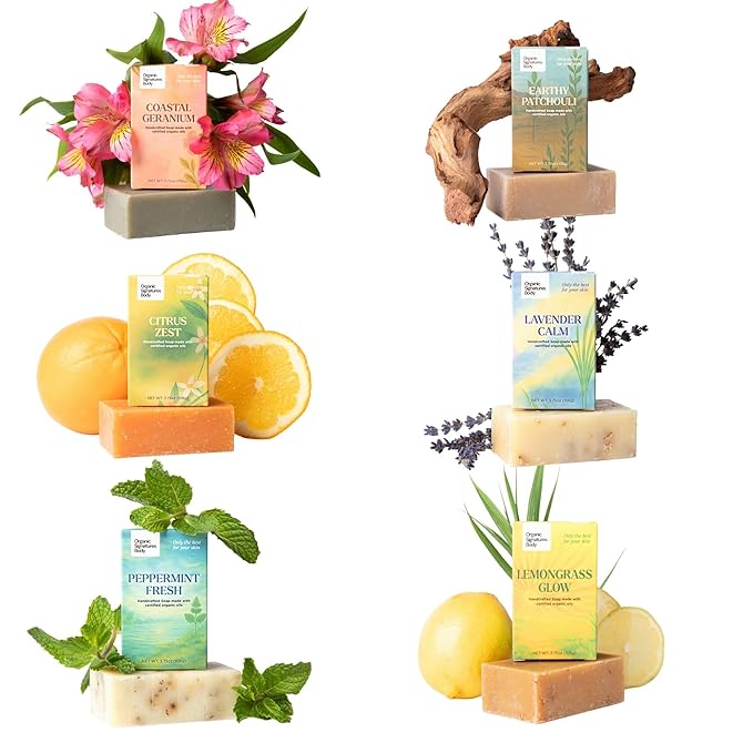 Organic Soap Bar Set - 6 Pack, Cold Process Natural Bar Soap for Women & Men for Sensitive Skin, Body, Face and Hands, Leaping Bunny Certified, Aromatherapy Bath & Shower Gift Set, Made in USA