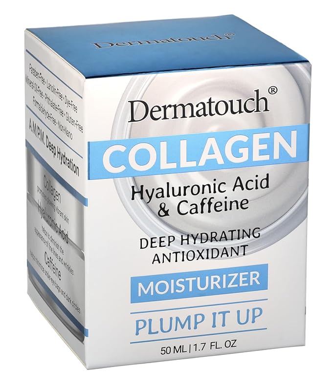 DERMATOUCH Collagen Moisturizer with Hyaluronic Acid, Vitamins A, C & E, Caffeine, and Apricot Extract — Daily Hydrating Face Cream, Gluten Free, Non-GMO, Made in USA, 1.7 Fl Oz